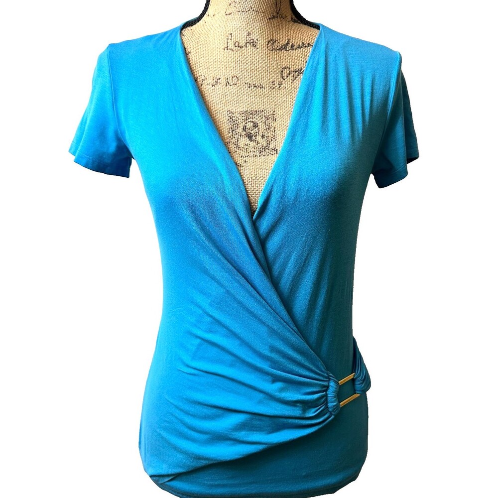 Max Mara Womens Turquoise Blue Draped Wrap Top Gold Hardware Cotton Stretch Sz S